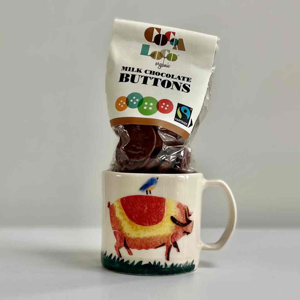 organic chocolate buttons pig mug