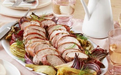 Prosciutto-wrapped pork tenderloin with roasted fennel
