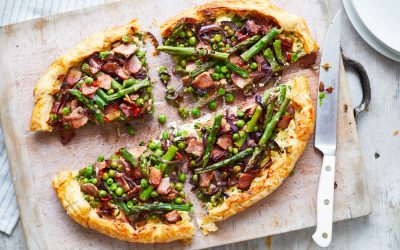 Spring galette with peas, bacon, asparagus, cheese and chilli