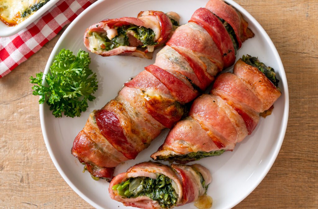 Bacon rolls stuffed with cheese & spinach