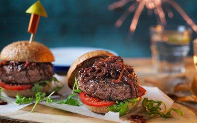 Sticky onion relish with beef burgers
