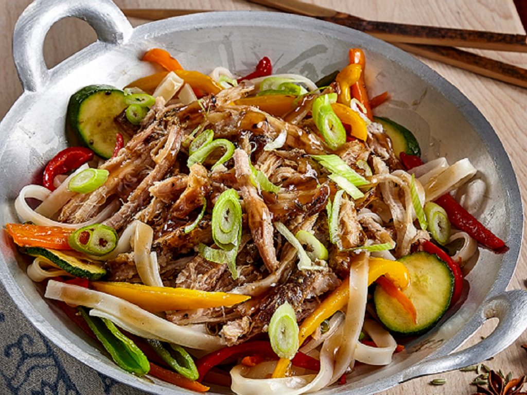 Pulled Pork fried noodles with spring veg - Helen Browning's Organics